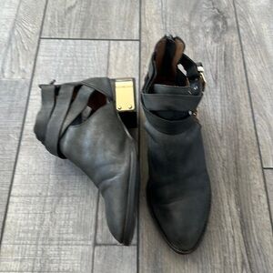 Jeffrey Campbell Everly black leather cut out buckle booties with back zipper